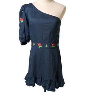 NEW Fanm Mon Women's One-Shoulder Blue Linen Dress L Floral Embroidery